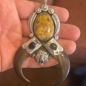 Sterling silver native American bumblebee jasper onyx double bear claw pendant